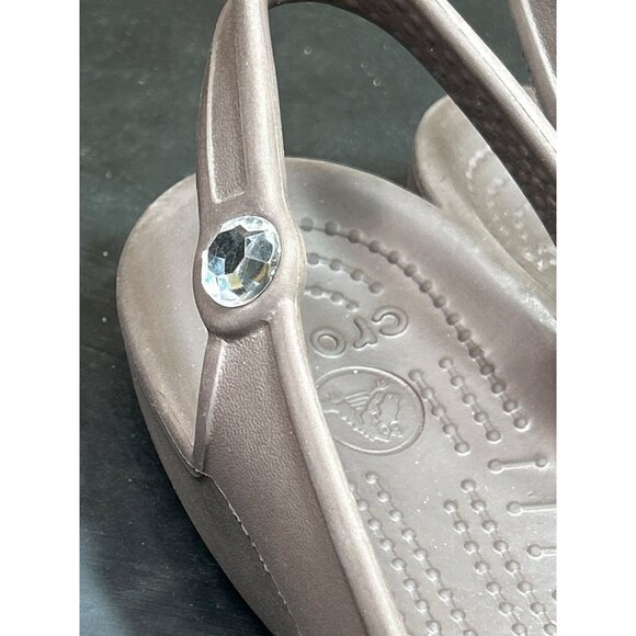 Womens Crocs Brown Flats Slingback Sandals With Crystal Button Detail Size 8 - Picture 3 of 8